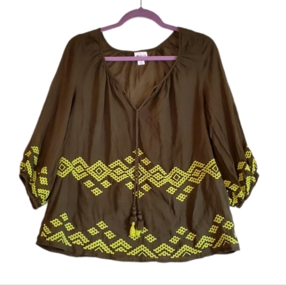 Stylus Hunter Green Lime‎ Stitching Details Smocktop Cotton Top Small Pre-owned